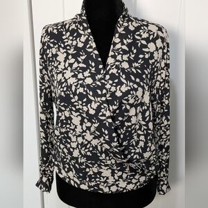 Pleoine New Women's Wrap Front Floral Blouse Top Size S Business Casual Black
